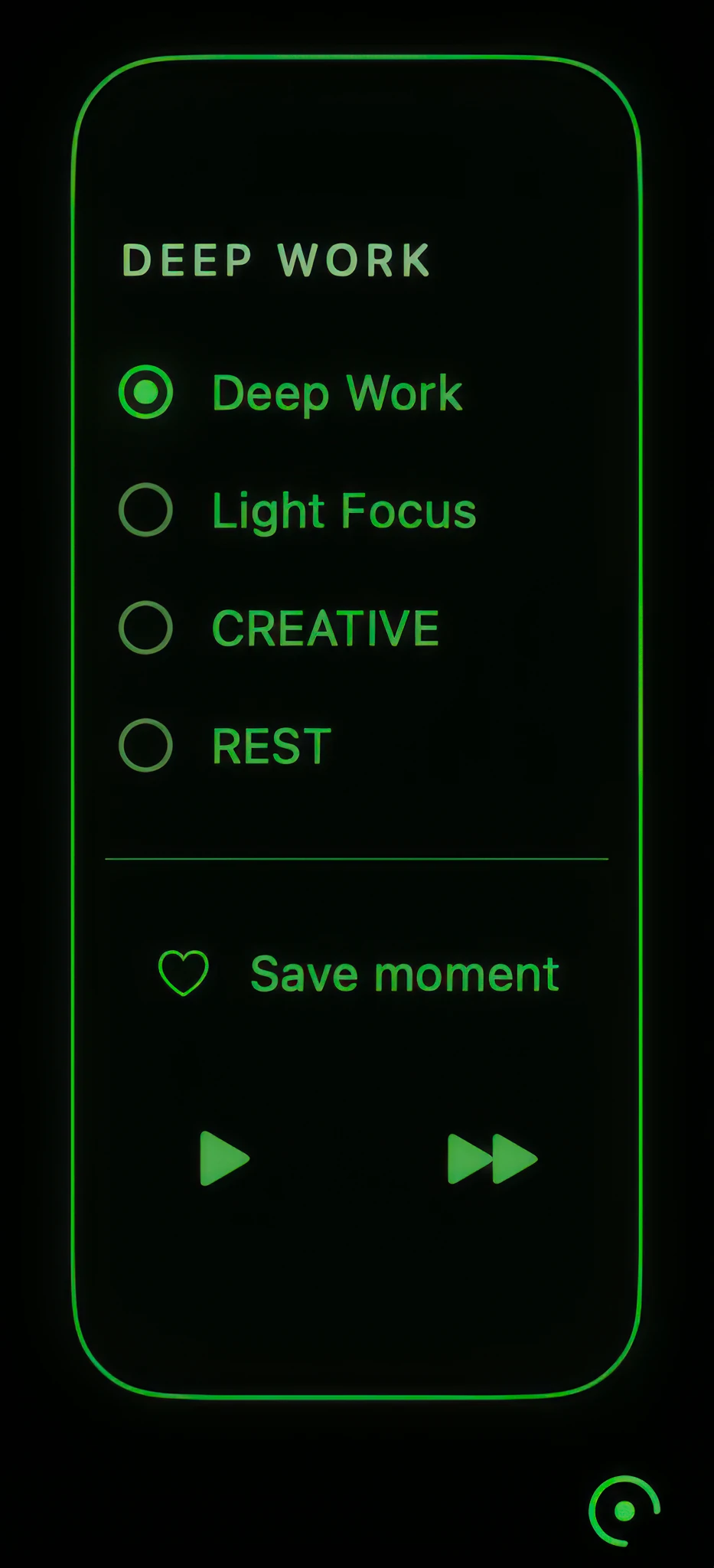 The Phlow State pill — Deep Work, Light Focus, Creative, and Rest modes with Save moment and playback controls.